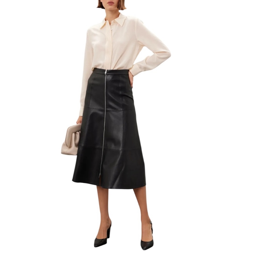 Alexis Kova Faux Leather Midi Skirt Womens Medium Black A-Line‎